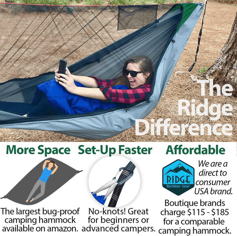 Camping Hammock with Mosquito Net, 11 Ft, Ultralight Hammock Tent with Bug Netting, Straps, Carabiners, Structural UHMWPE Ridgeline, Ripstop Nylon (Green 360 Removable Net)