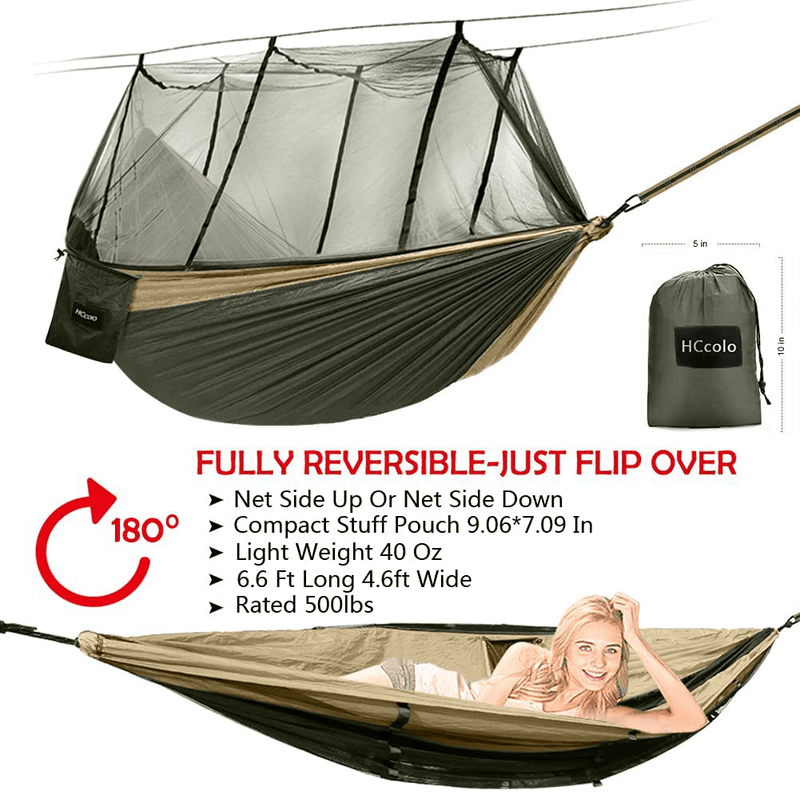 Camping Hammock with Mosquito Net - 2 Person Portable Nylon Hammock Tent for Indoor Backpacking Hiking Travel, with 10 Ft Tree Straps and 2 Carabiners Gear (Green) Home & Garden > Lawn & Garden > Outdoor Living > Hammocks HCcolo   