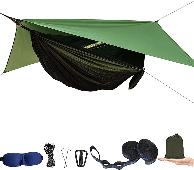 Camping Hammock with Mosquito Net and Rain Fly XL - Portable Travel Hammock Bug Net - Camping Equipment - Hammock Tent for Outdoor Hiking Campin Backpacking Travel (Army Green) Sporting Goods > Outdoor Recreation > Camping & Hiking > Mosquito Nets & Insect Screens AEETT Army Green  