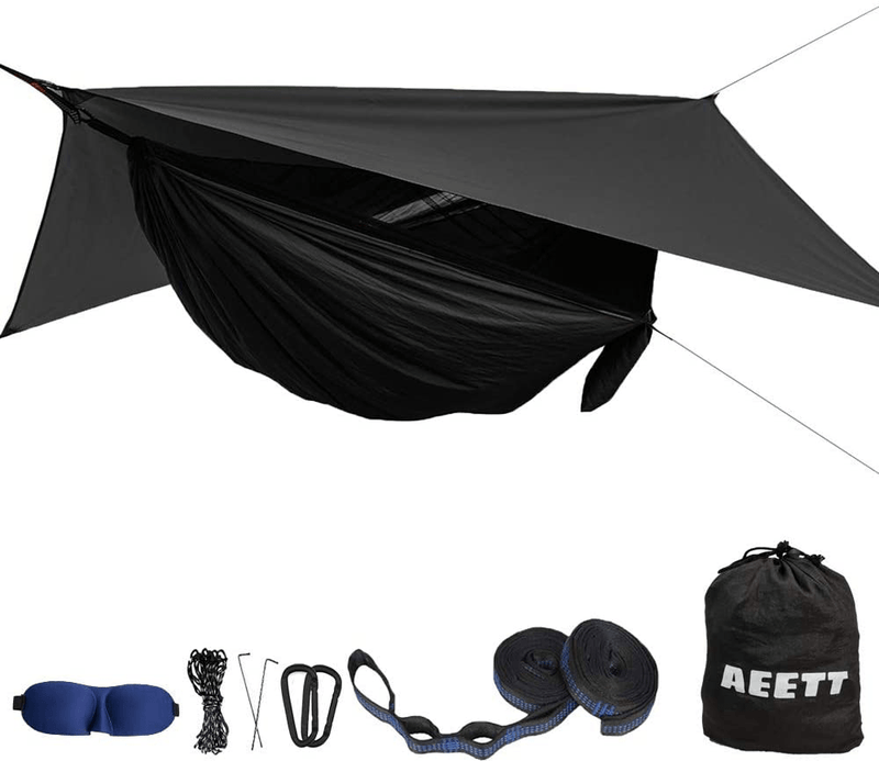 Camping Hammock with Mosquito Net and Rain Fly XL - Portable Travel Hammock Bug Net - Camping Equipment - Hammock Tent for Outdoor Hiking Campin Backpacking Travel (Army Green) Sporting Goods > Outdoor Recreation > Camping & Hiking > Mosquito Nets & Insect Screens AEETT Black  