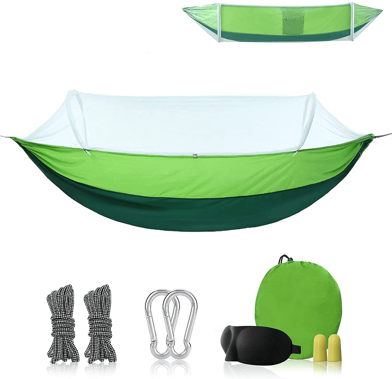 Camping Hammock with Net, Lightweight Durable 2 Person Hammock with Tree Straps and Carabiners, Portable Pop-Up Double Hammock for Outdoor Travel Hiking Backpacking Garden Beach Yard, Army Green
