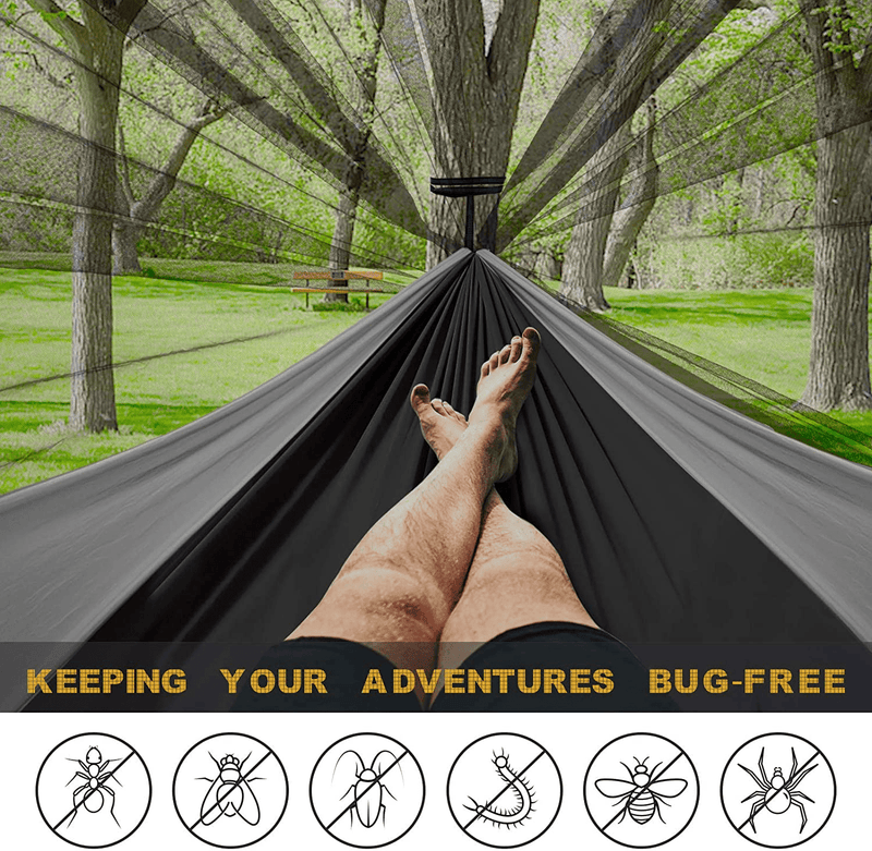 Camping Hammock with Net, Travel Portable Lightweight Hammock with Tree Straps and D-Shape Carabiners, Parachute Nylon Hammock for Outsides Backpacking Beach Backyard Patio Hiking, Black & Grey Home & Garden > Lawn & Garden > Outdoor Living > Hammocks Qevooon   