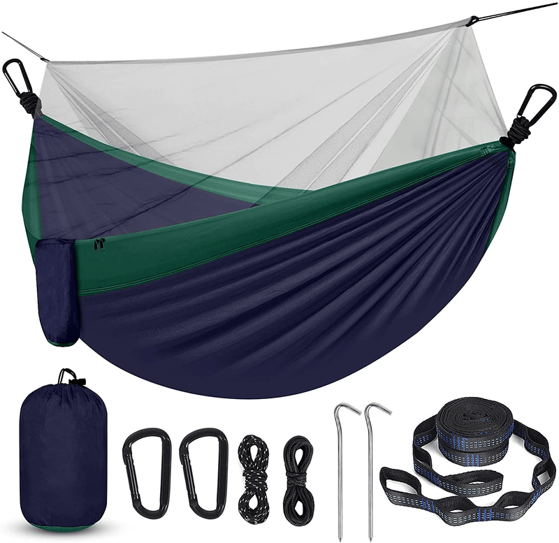 Camping Hammock with Net, Travel Portable Lightweight Hammock with Tree Straps and D-Shape Carabiners, Parachute Nylon Hammock for Outsides Backpacking Beach Backyard Patio Hiking, Black & Grey Home & Garden > Lawn & Garden > Outdoor Living > Hammocks Qevooon Navy Blue & Green  