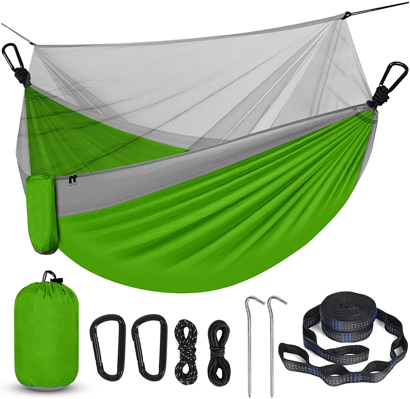 Camping Hammock with Net, Travel Portable Lightweight Hammock with Tree Straps and D-Shape Carabiners, Parachute Nylon Hammock for Outsides Backpacking Beach Backyard Patio Hiking, Black & Grey Home & Garden > Lawn & Garden > Outdoor Living > Hammocks Qevooon Light Green & Grey  