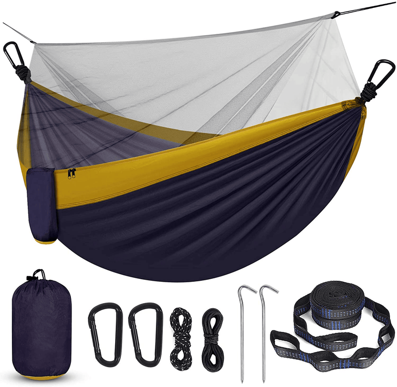 Camping Hammock with Net, Travel Portable Lightweight Hammock with Tree Straps and D-Shape Carabiners, Parachute Nylon Hammock for Outsides Backpacking Beach Backyard Patio Hiking, Black & Grey Home & Garden > Lawn & Garden > Outdoor Living > Hammocks Qevooon Navy Blue & Yellow  