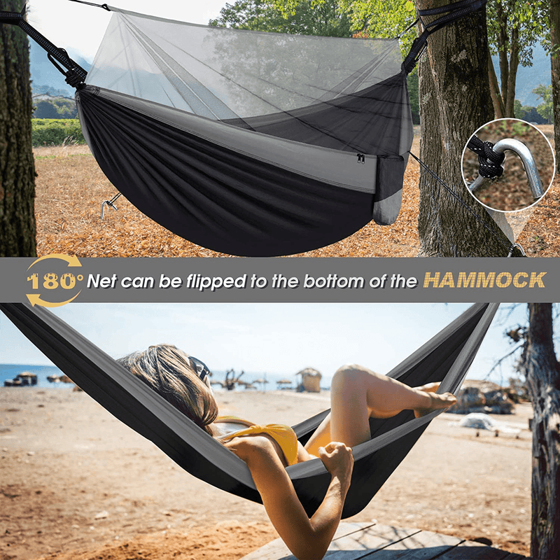Camping Hammock with Net, Travel Portable Lightweight Hammock with Tree Straps and D-Shape Carabiners, Parachute Nylon Hammock for Outsides Backpacking Beach Backyard Patio Hiking, Black & Grey
