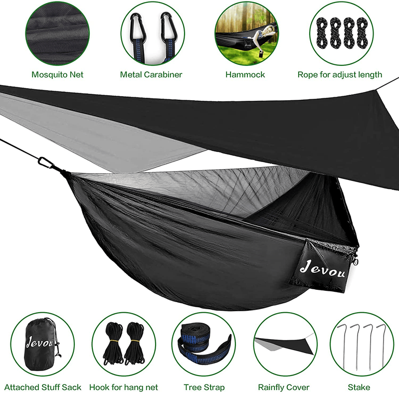Camping Hammock with Rainfly Tarp, Hammocks Tents Mosquito Net for Camping, Single & Double Portable Nylon Backpacking Hammock Bundle Kit for Outdoor, Indoor, Beach, Backyard, Patio, Hold up to 772Lbs Sporting Goods > Outdoor Recreation > Camping & Hiking > Mosquito Nets & Insect Screens Jevou   
