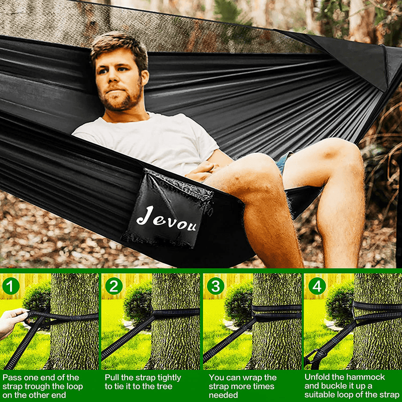 Camping Hammock with Rainfly Tarp, Hammocks Tents Mosquito Net for Camping, Single & Double Portable Nylon Backpacking Hammock Bundle Kit for Outdoor, Indoor, Beach, Backyard, Patio, Hold up to 772lbs Home & Garden > Lawn & Garden > Outdoor Living > Hammocks Jevou   