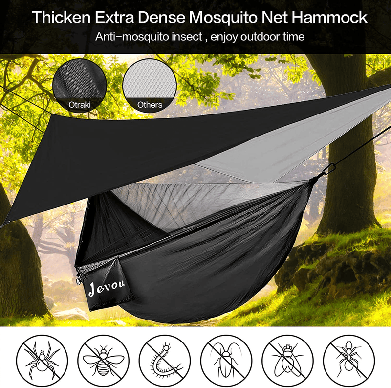 Camping Hammock with Rainfly Tarp, Hammocks Tents Mosquito Net for Camping, Single & Double Portable Nylon Backpacking Hammock Bundle Kit for Outdoor, Indoor, Beach, Backyard, Patio, Hold up to 772lbs Home & Garden > Lawn & Garden > Outdoor Living > Hammocks Jevou   