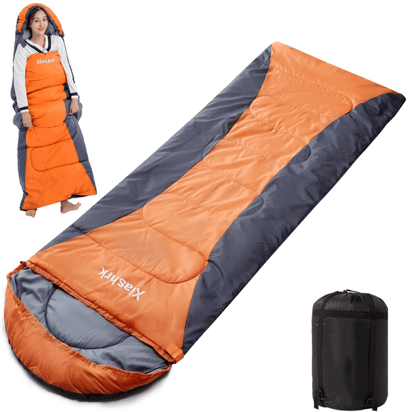 Camping Sleeping Bags, Sleeping Bags for Adults Kids Families with Zippered, Indoor & Outdoor 4 Seasons Lightweight Portable Waterproof Compact Sleeping Bag for Camping Backpacking Hiking Travelling Sporting Goods > Outdoor Recreation > Camping & Hiking > Sleeping Bags Xiashrk Orange Grey Right Zipper 
