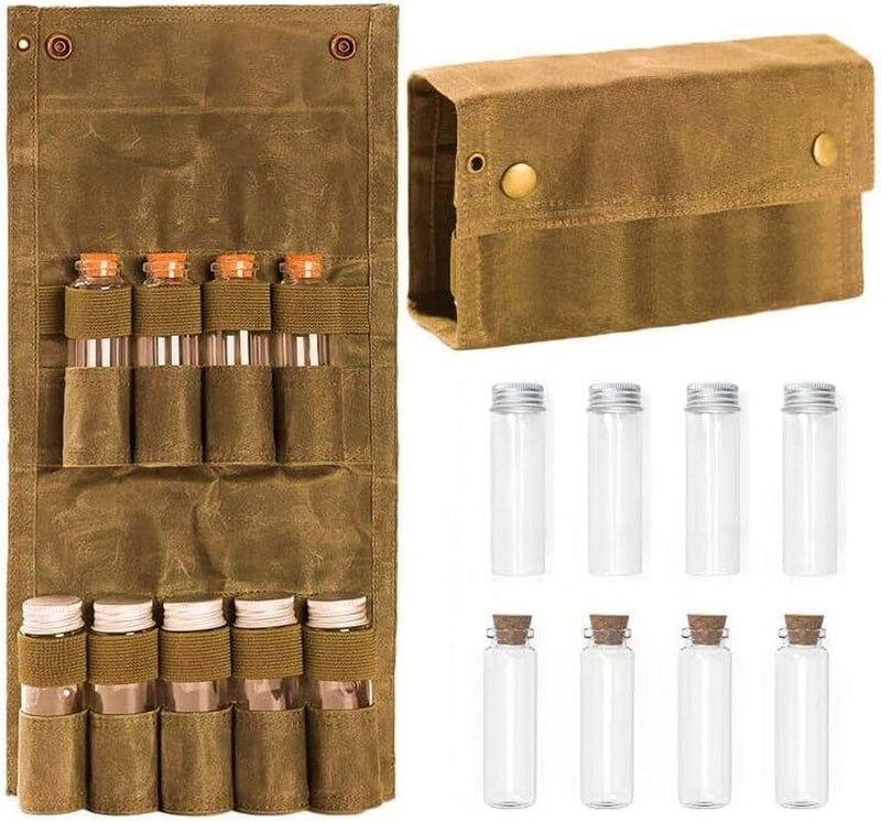 Camping Spice Kit,Portable Spice Kit with 9 Spice Jars, Seasoning Storage Bag Organizer,Canvas Camping Seasoning Set with Mini Condiment Bottle for Outdoor Camping Picnic,Waterproof and Durable Home & Garden > Decor > Decorative Jars Jirvyuk Khaki  