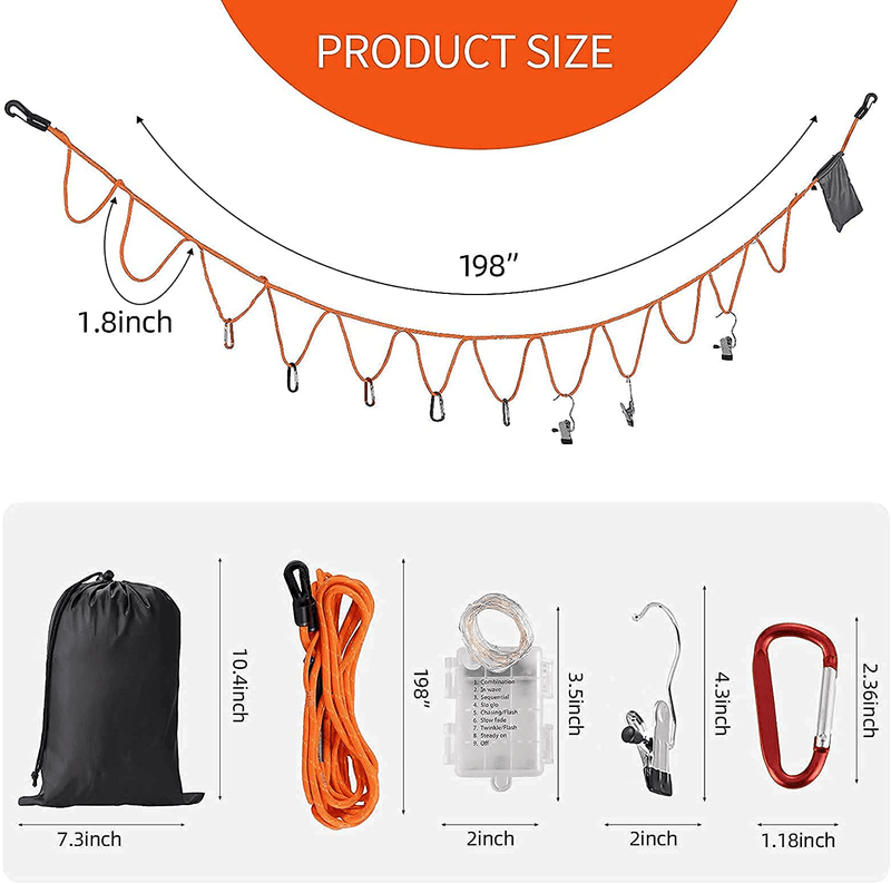 Campsite Storage Strap Camping Accessories, Camping Gear and Equipment Lanyard 16Ft Adjustable for Hanging Outdoor Hammock Tent Clothesline, with LED Strip Lights&Rv Accessories
