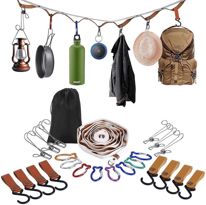 Campsite Storage Strap Camping Accessories, Outdoor Equipment Ten Lanyard Travel Clothesline Camping Essentials with 16 Buckle & 6 Clothespins for Camper Family RV Trailer Travel Tent Hanging Gear Sporting Goods > Outdoor Recreation > Camping & Hiking > Tent Accessories Fmeida   