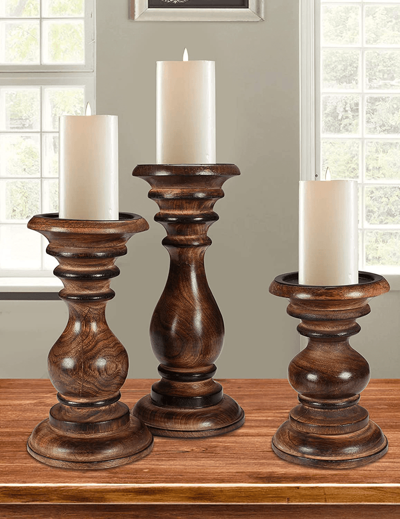 Candle Stands Wooden for Pillar Candles,Rounded Turned Colums, Sustainable Woods, Country Style, Idle for Reiki, Aromatherapy, Votive Candle Gardens Home décor - 10,8,6 Inch Set of 3 - Dark Grey Home & Garden > Decor > Home Fragrance Accessories > Candle Holders The Wooden Town Burnt 10x8x6 - Inch 