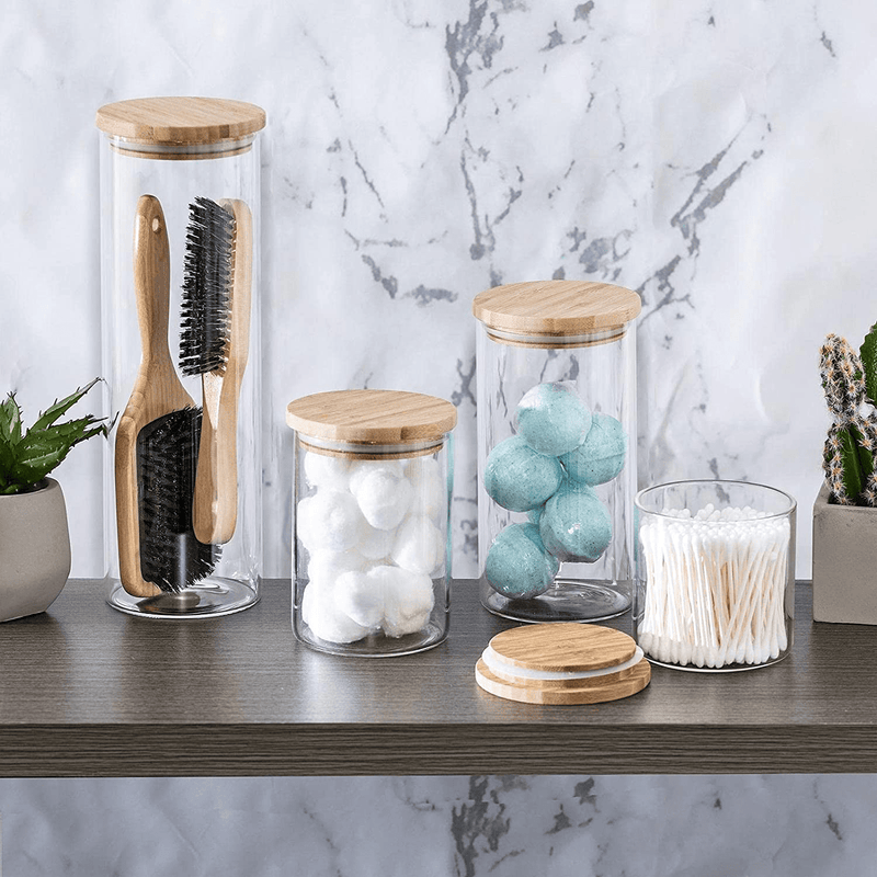 Canister Set of 5, Glass Kitchen Canisters with Airtight Bamboo Lid, Glass Storage Jars for Kitchen, Bathroom and Pantry Organization Ideal for Flour, Sugar, Coffee, Cookie Jar, Candy, Snack and More