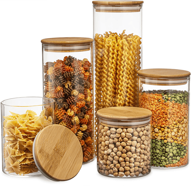 Canister Set of 5, Glass Kitchen Canisters with Airtight Bamboo Lid, Glass Storage Jars for Kitchen, Bathroom and Pantry Organization Ideal for Flour, Sugar, Coffee, Cookie Jar, Candy, Snack and More Home & Garden > Kitchen & Dining > Food Storage Le'raze Set of 5  