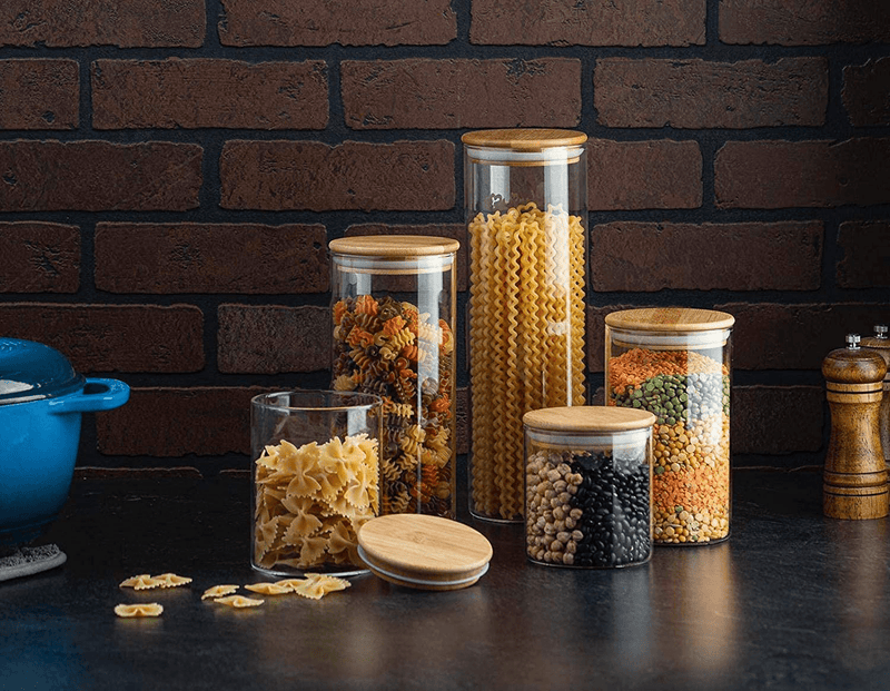 Canister Set of 5, Glass Kitchen Canisters with Airtight Bamboo Lid, Glass Storage Jars for Kitchen, Bathroom and Pantry Organization Ideal for Flour, Sugar, Coffee, Cookie Jar, Candy, Snack and More Home & Garden > Kitchen & Dining > Food Storage Le'raze   