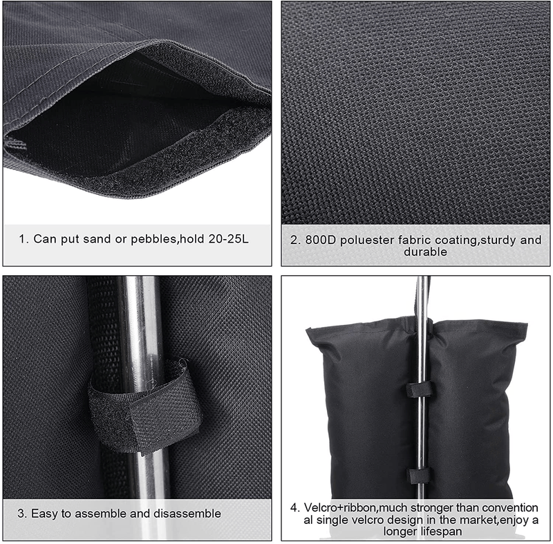 Canopy Weight Bags Set of 4, Tent Sand Bag for Pop up Tent Gazebo Canopy Instant Outdoor Sun Shelter, Tent Weights for Legs Without Sand, Black