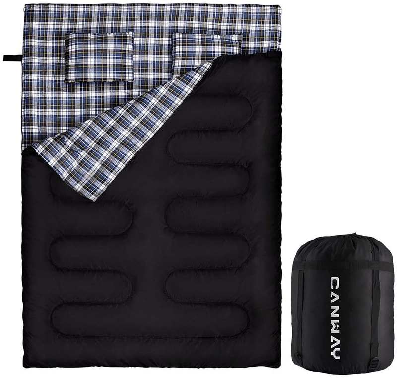 CANWAY Double Sleeping Bag, Flannel Lightweight Waterproof 2 Person Sleeping Bag with 2 Pillows for Camping, Backpacking, or Hiking Outdoor for Adults or Teens Queen Size XL (Flannel)