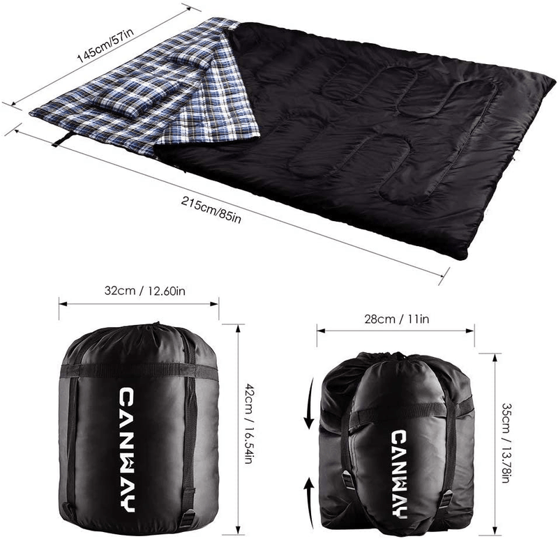 CANWAY Double Sleeping Bag, Flannel Lightweight Waterproof 2 Person Sleeping Bag with 2 Pillows for Camping, Backpacking, or Hiking Outdoor for Adults or Teens Queen Size XL (Flannel)
