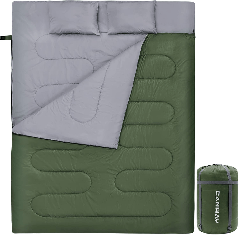 CANWAY Double Sleeping Bag, Lightweight Waterproof 2 Person Sleeping Bag with 2 Pillows for Camping, Backpacking, or Hiking Outdoor for Adults or Teens Queen Size XL Sporting Goods > Outdoor Recreation > Camping & Hiking > Sleeping Bags CANWAY Army Green  
