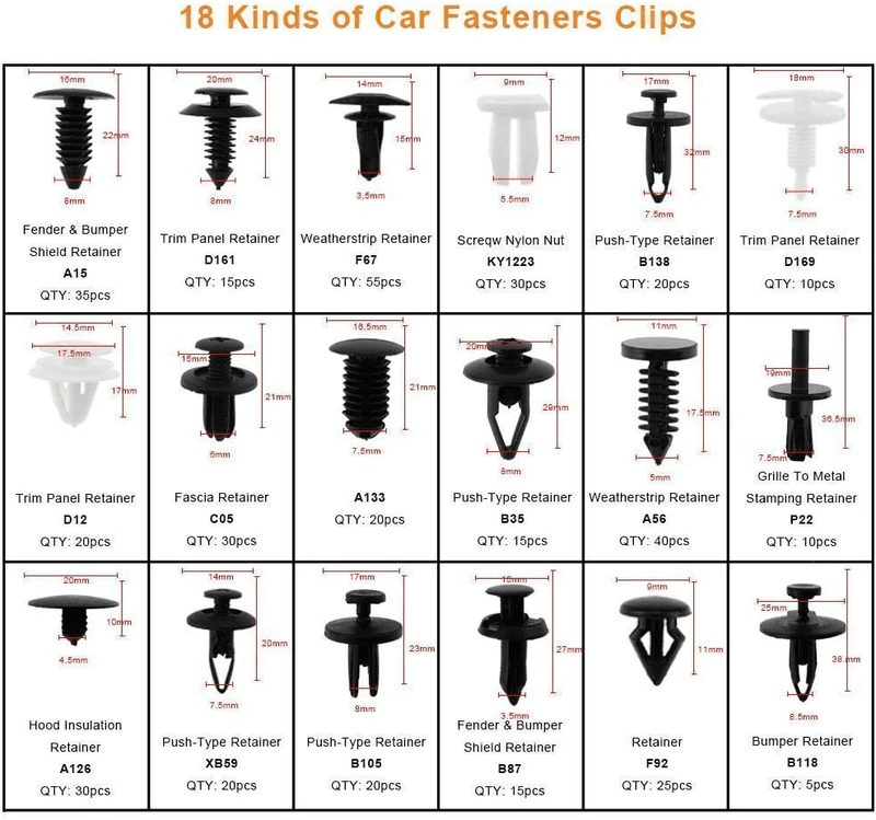 Car Body Clips, Auto Trim interior Fastener Retainers, Plastic Bumper Rivets Push in Type, Assorted for Fender Door Panel Dashboard Hood Insulation with Repair Tools (GM Ford Toyota Honda Chrysler) Vehicles & Parts > Vehicle Parts & Accessories > Motor Vehicle Parts > Motor Vehicle Interior Fittings DaskFire   