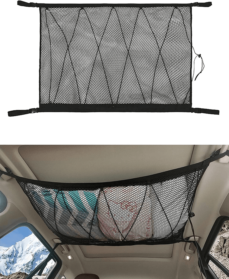 Car Ceiling Cargo Net Pocket, 35.4"X25.5" Car Roof Storage Organizer with Zipper Buckle, Long Trip Camping SUV Storage Bag Tent Putting Quilt Children'S Toy Towel Sundries Interior Accessories