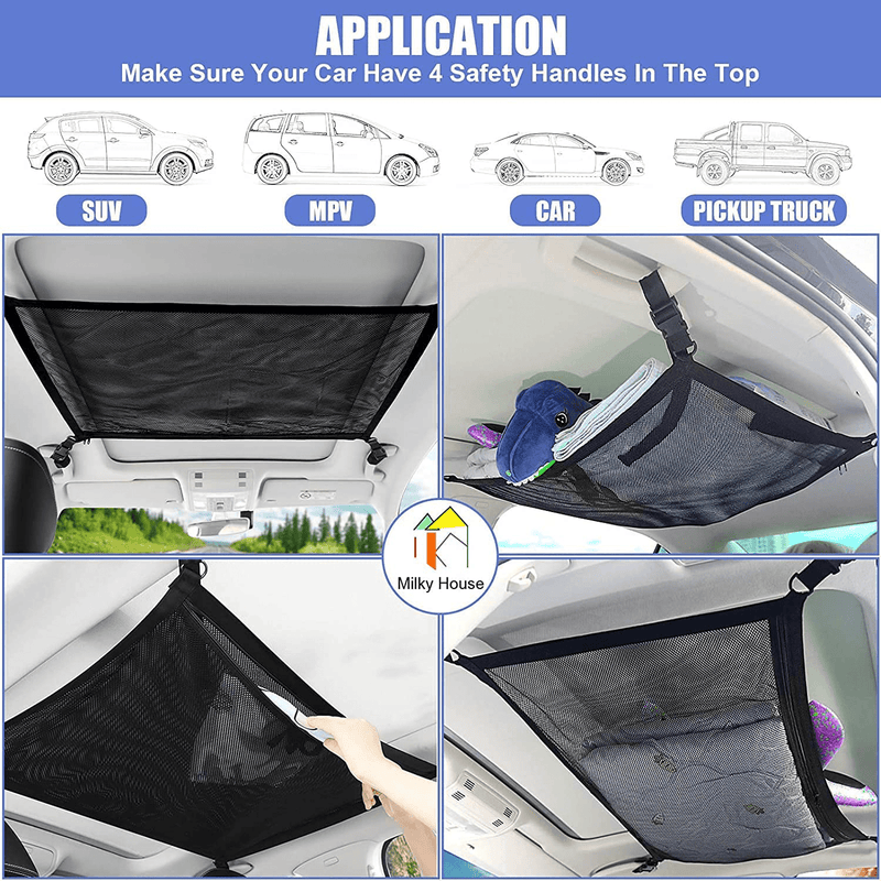 Car Ceiling Cargo Net Pocket, 35.4"X25.5" Car Roof Storage Organizer with Zipper Buckle, Long Trip Camping SUV Storage Bag Tent Putting Quilt Children'S Toy Towel Sundries Interior Accessories