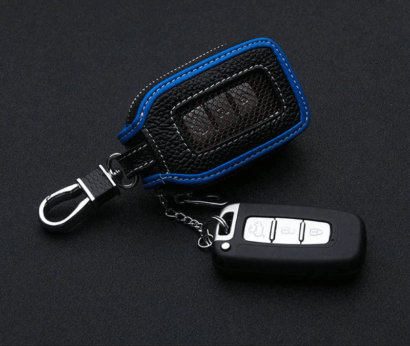 Car Key Case - Superior Genuine Leather Auto Key FOB Holder Smart KeyChain Protector Cover with Metal Hook and Zipper (Black blue edge)