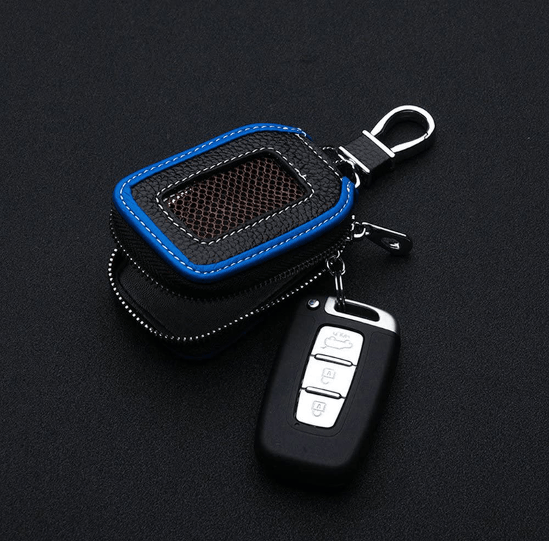 Car Key Case - Superior Genuine Leather Auto Key FOB Holder Smart KeyChain Protector Cover with Metal Hook and Zipper (Black blue edge)  YONUFI   