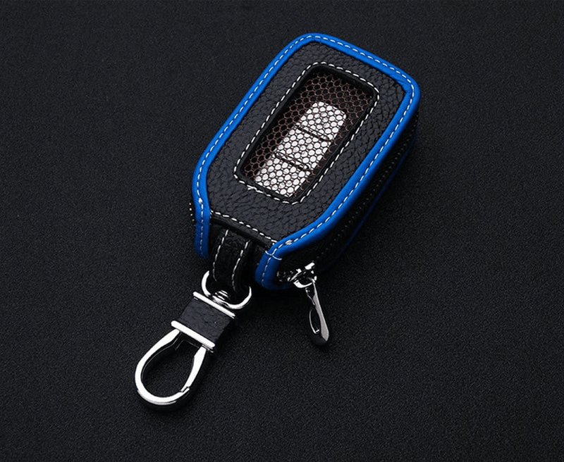 Car Key Case - Superior Genuine Leather Auto Key FOB Holder Smart KeyChain Protector Cover with Metal Hook and Zipper (Black blue edge)  YONUFI   