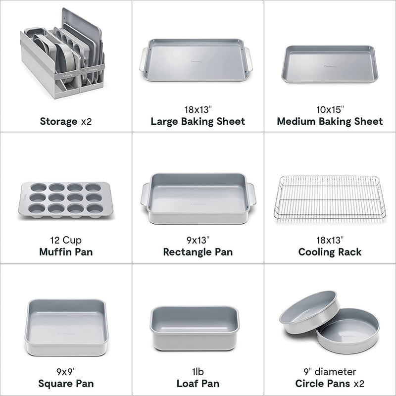 Caraway Nonstick Ceramic Bakeware Set (11 Pieces) - Baking Sheets, Assorted Baking Pans, Cooling Rack, & Storage - Aluminized Steel Body - Non Toxic, PTFE & PFOA Free - Gray