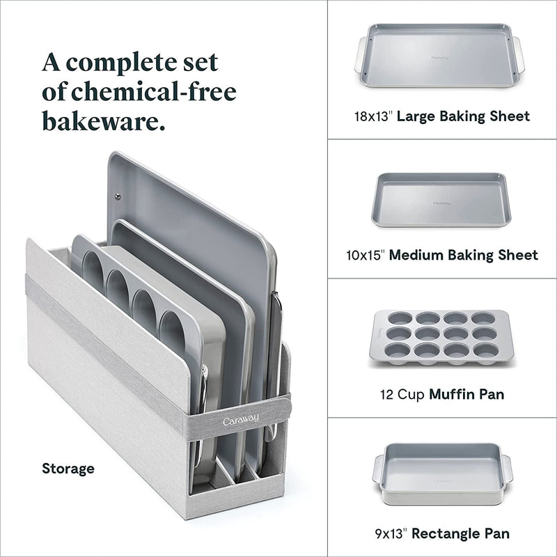 Caraway Nonstick Ceramic Bakeware Set (5 Pieces) - Baking Sheets, Assorted Baking Pans, Cooling Rack, & Storage - Aluminized Steel Body - Non Toxic, PTFE & PFOA Free - Gray Home & Garden > Kitchen & Dining > Cookware & Bakeware Caraway   