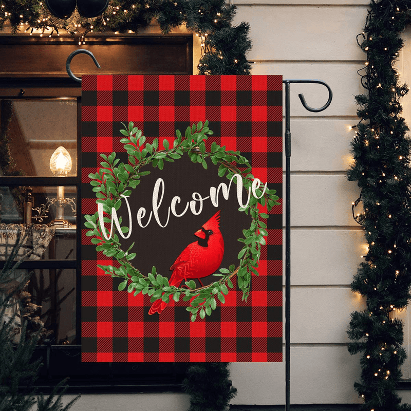 Cardinal Christmas Garden Flag 12.5 x 18 Inch | Outdoor Christmas Decorations Wreath Welcome Garden Flag | Buffalo Check Plaid Winter Yard Flag Double Sided | Holiday Outdoor Flags