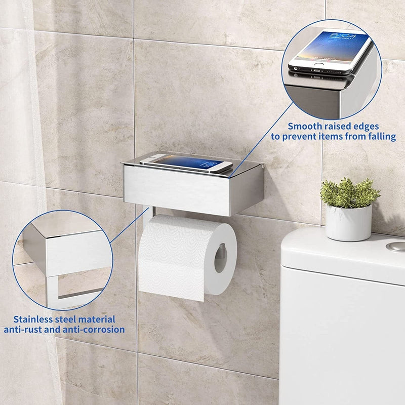 Carmanon Toilet Paper Holder with Flushable Wipes Dispenser, Wall Mounted Toilet Paper Holder Storage, Bathroom Adhesive Toilet Paper Holder with Shelf, Stainless Steel, Brushed Nickel Home & Garden > Household Supplies > Storage & Organization Carmanon   