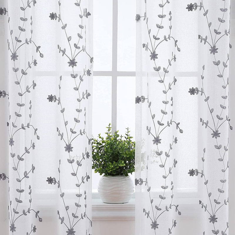 CAROMIO Gray Sheer Curtains 84 Inch Length 2 Panels Set, Leaf Embroidered Grommet Voile Drapes for Living Room, Bedroom, Window Treatments Semi Curtain Panels(Grey, 52" W X 84" L, 2 Panels) Home & Garden > Decor > Window Treatments > Curtains & Drapes CAROMIO   