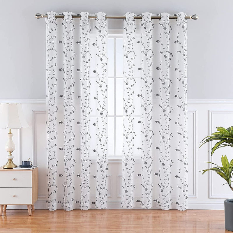 CAROMIO Gray Sheer Curtains 84 Inch Length 2 Panels Set, Leaf Embroidered Grommet Voile Drapes for Living Room, Bedroom, Window Treatments Semi Curtain Panels(Grey, 52" W X 84" L, 2 Panels) Home & Garden > Decor > Window Treatments > Curtains & Drapes CAROMIO   