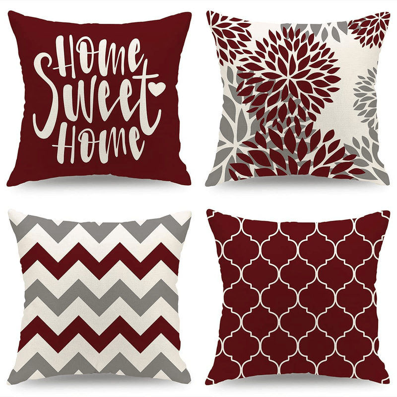 CARROLL Burgundy Geometric Pillow Covers 18X18 Inch Set of 4, Decorative Throw Pillow Cover for Bedroom Sofa Chair Car, Linen Square Cushion Case Outdoor Home Decor(Burgundy) Home & Garden > Decor > Chair & Sofa Cushions CARROLL Burgundy  