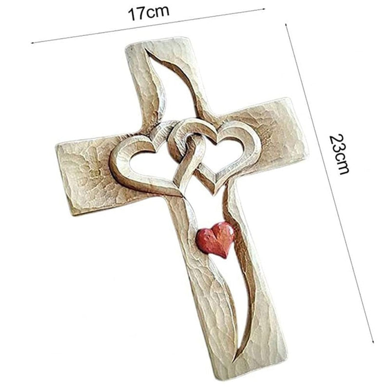 Carved Wooden Cross Intertwined Hearts Wooden Love Cross Wall Hanging Hand Carved Wood Cross Wooden for Valentines Day Wall Decor Home & Garden > Decor > Seasonal & Holiday Decorations Sunisery   