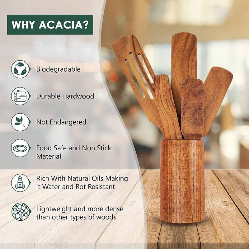 CASA MARA Kitchen Utensils Spurtle Set - Wooden Spoons for Cooking - Serving Kitchen Paddle - Handcrafted Acacia Wood Kitchen Utensils Set - as Seen on Tv - 5 Pieces Set with Wooden Holder Home & Garden > Kitchen & Dining > Kitchen Tools & Utensils CASA MARA   