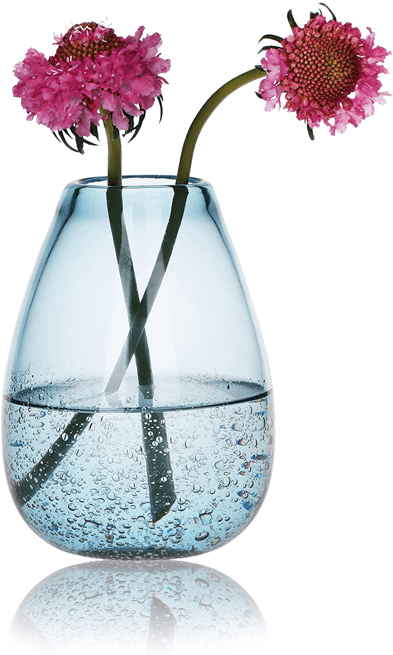CASAMOTION Flower Vases Hand Blown Glass Home Decor with Rich Bubbles Round Blue Tabletop for Kitchen Dinning Room Centerpiece for Living Wedding Party Ornament,9 inch Height Home & Garden > Decor > Vases CASAMOTION Blue 6'' H 