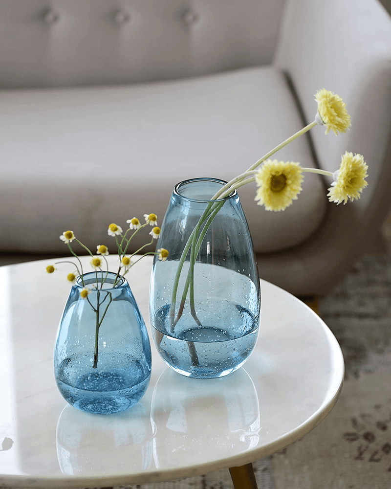 CASAMOTION Flower Vases Hand Blown Glass Home Decor with Rich Bubbles Round Blue Tabletop for Kitchen Dinning Room Centerpiece for Living Wedding Party Ornament,9 inch Height Home & Garden > Decor > Vases CASAMOTION   