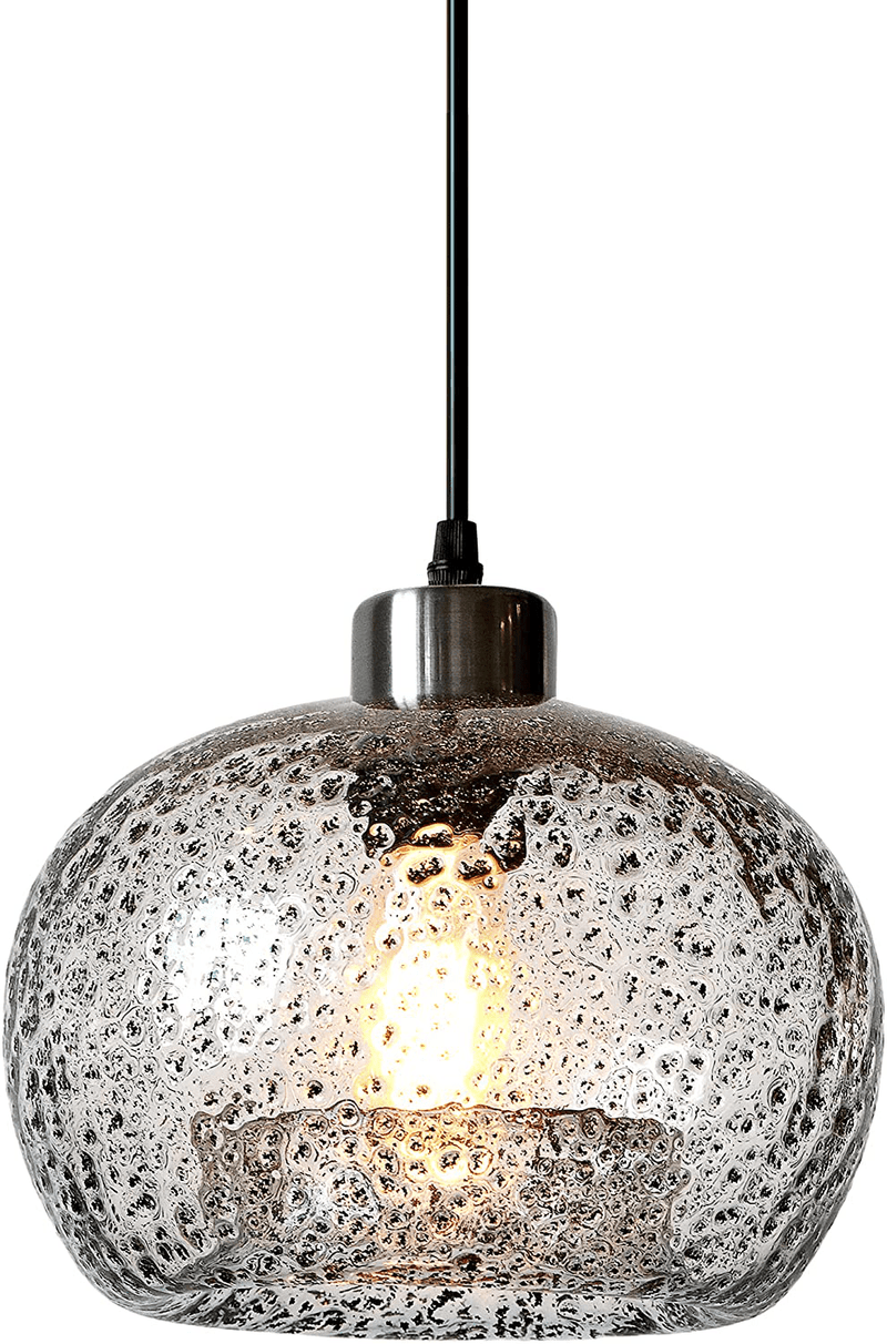 CASAMOTION Pendant Lighting Hand Blown Glass Small Drop Ceiling Lights for Kitchen Island Vintage Rustic Farmhouse Dining Room Bar Area Over Sink Clear Marble Color Brushed Nickel Finish 9 inch Diam