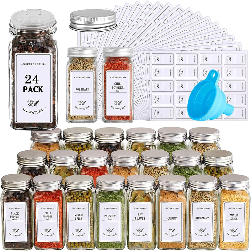 Casato 48 Spice Bottles Empty Glass with 400 Labels, 4Oz Empty Square Spice Jars Storage Containers, Shaker/Pour Lids, Airtight Metal Caps, and Funnel Included S for Storing Spice & Seasoning Powders Home & Garden > Decor > Decorative Jars casato 24  