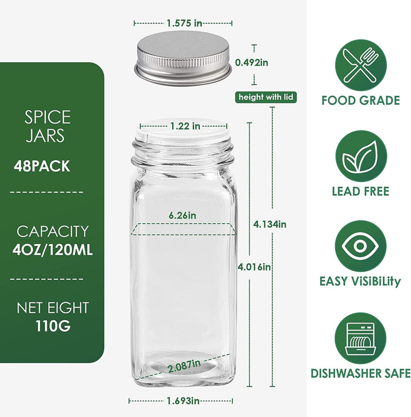 Casato 48 Spice Bottles Empty Glass with 400 Labels, 4Oz Empty Square Spice Jars Storage Containers, Shaker/Pour Lids, Airtight Metal Caps, and Funnel Included S for Storing Spice & Seasoning Powders Home & Garden > Decor > Decorative Jars casato   