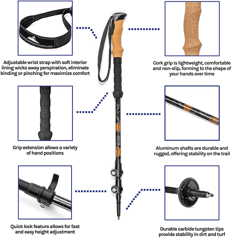 Cascade Mountain Tech Trekking Poles - Aluminum Hiking Walking Sticks with Adjustable Locks Expandable to 54" (Set of 2)