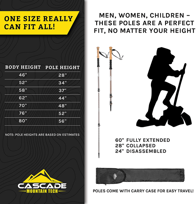 Cascade Mountain Tech Trekking Poles - Carbon Fiber Monopod Walking or Hiking Sticks with with Accessories Mount and Adjustable Quick Locks