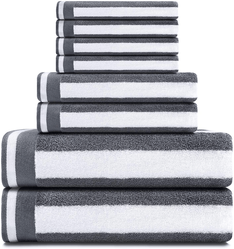 CASOFU Bath Towel Set, Cabana Stripe Bath Towels, Super Soft Cotton Bath Towels with Light Stripe - 100% Ring Spun Cotton Large Pool Towels - 2 Piece (Grey, 27x 54 inches)
