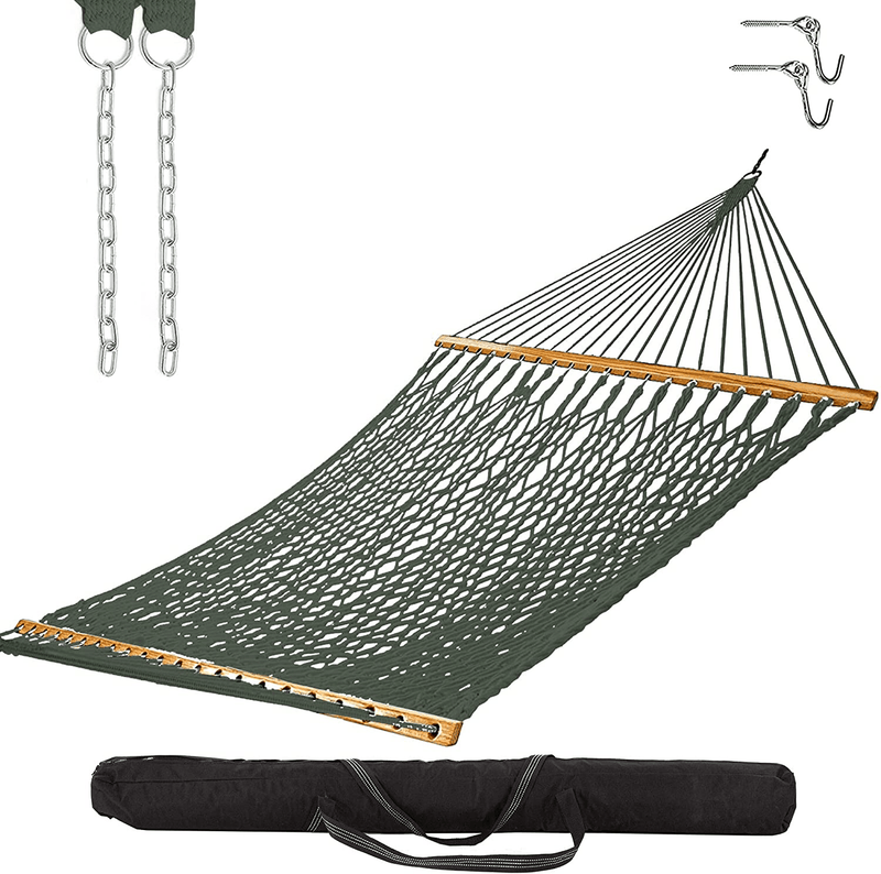 Castaway Living 13 ft. Double Traditional Hand Woven Green Polyester Rope Hammock with Free Extension Chains ,Tree Hooks & Storage Bag, for 2 People with a Weight Capacity of 450 lbs. Home & Garden > Lawn & Garden > Outdoor Living > Hammocks Castaway Hammocks Green Polyester with Storage Bag 