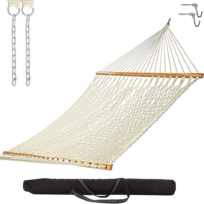 Castaway Living 13 ft. Double Traditional Hand Woven Green Polyester Rope Hammock with Free Extension Chains ,Tree Hooks & Storage Bag, for 2 People with a Weight Capacity of 450 lbs. Home & Garden > Lawn & Garden > Outdoor Living > Hammocks Castaway Hammocks Natural Cotton with Storage Bag 